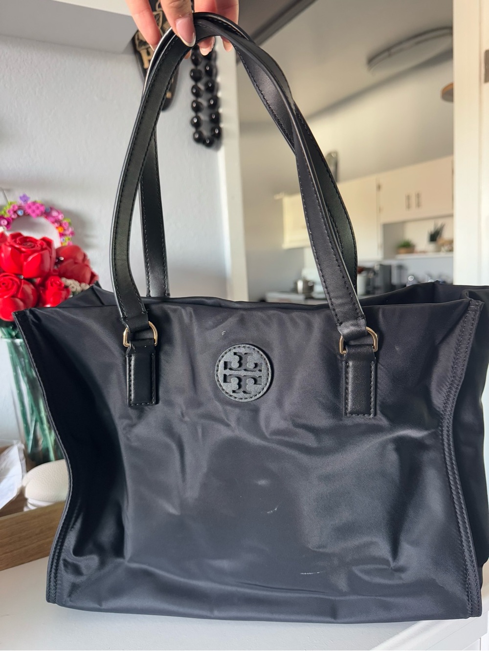 Tory Burch Black Nylon Logo Tote with Leather Straps